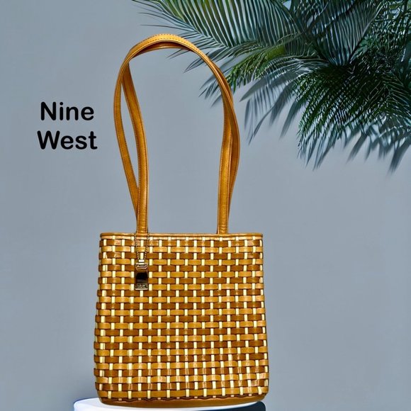 Nine West Two Tone Brown Basket Weave Medium Triple Entry Tote‎ Shoulder Bag - Picture 1 of 10